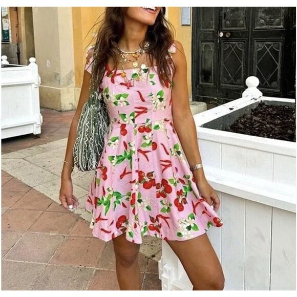 Zara Dresses & Skirts - Zara Womens XS Cherry Print Sleeveless A-Line Mini Dress Tie Straps Straight Nec